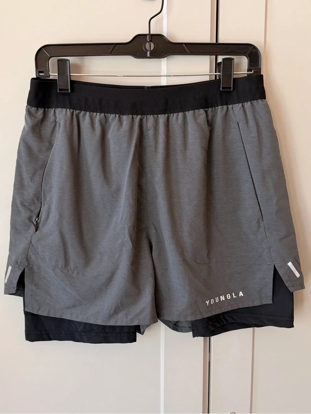 YoungLA Men’s Medium Gray 2-in-1 Lined Running Gym Shorts Reflective Zip Pockets
